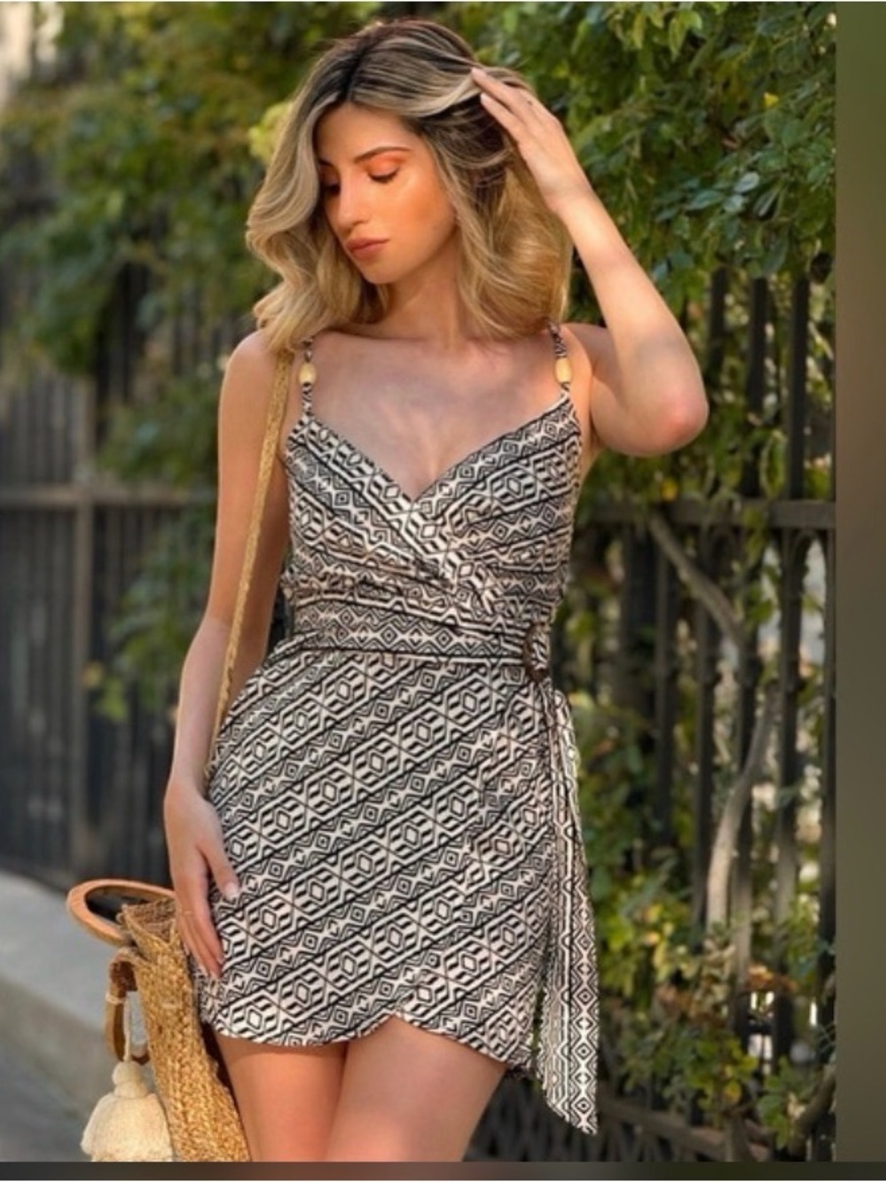 Zara Black Cream Geometric Aztec Print Beaded Strap Cami Dress Boho M
